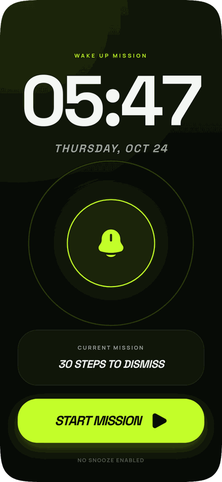 ShiftRoot wake-up mission: 05:47 alarm requiring 30 steps to dismiss, no snooze