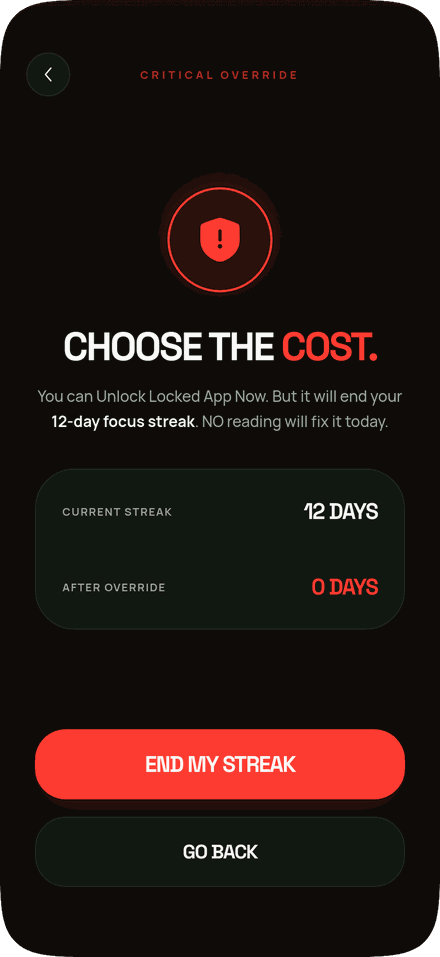 ShiftRoot critical override: unlocking a locked app ends a 12-day focus streak